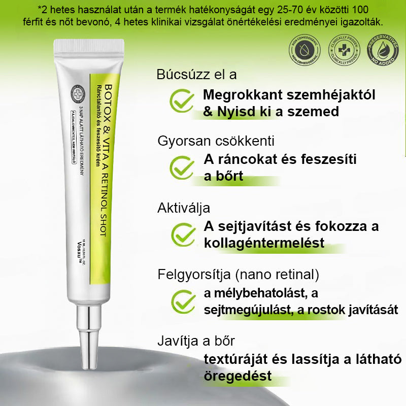 ✨ Vosxu™ Botox & Vita-A Retinol Shot ráncfelvarró szérum ✨ – 💉 Mikro-tűk | 💪 Botox-szerű peptidek | 🌿 Retinol | ⚡ Látható eredmények már 3 nap alatt🎁