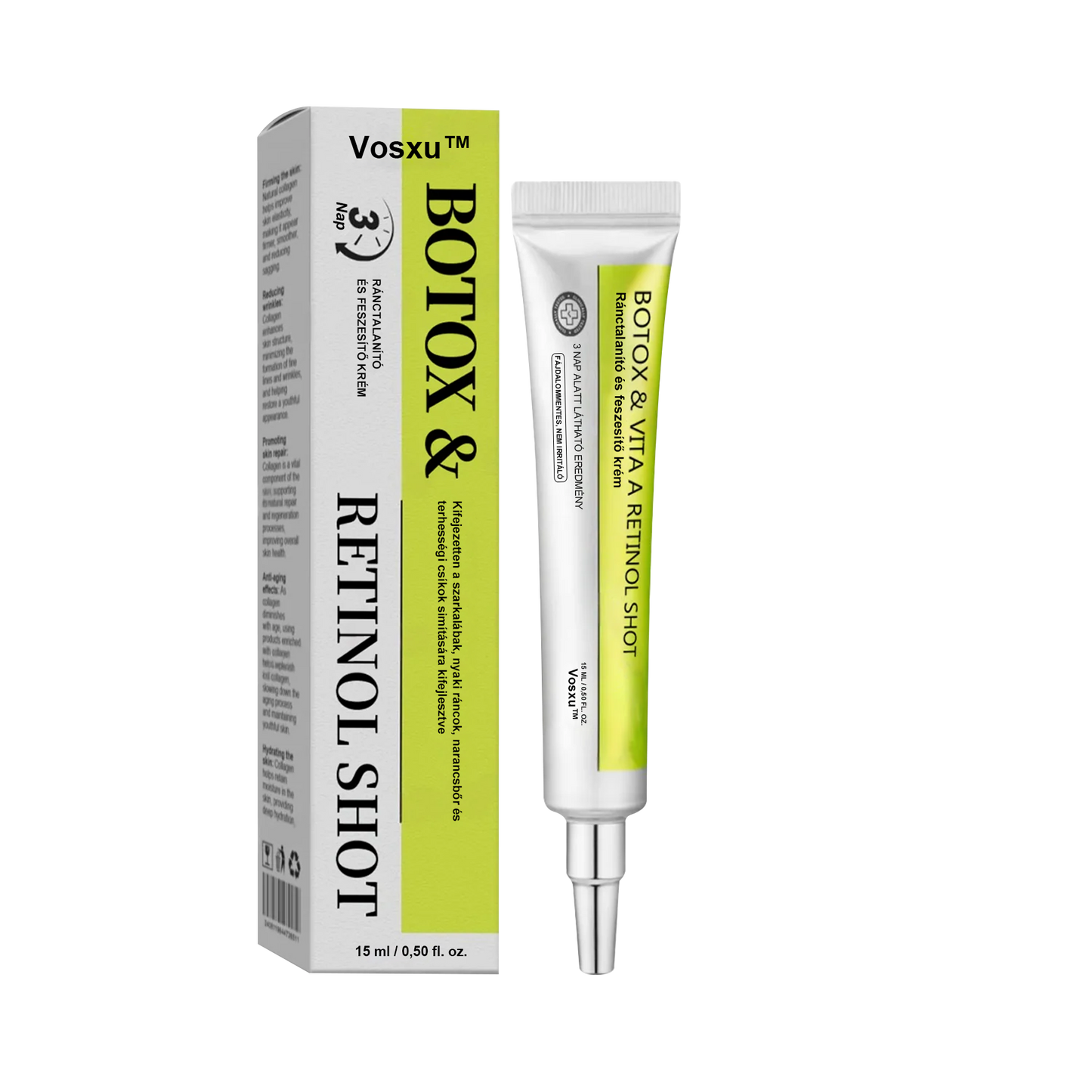 ✨ Vosxu™ Botox & Vita-A Retinol Shot ráncfelvarró szérum ✨ – 💉 Mikro-tűk | 💪 Botox-szerű peptidek | 🌿 Retinol | ⚡ Látható eredmények már 3 nap alatt🎁